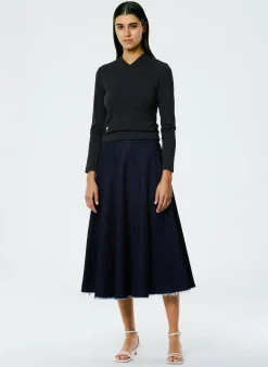 Brushed Denim Pintucked Skirt-Tibi Discount