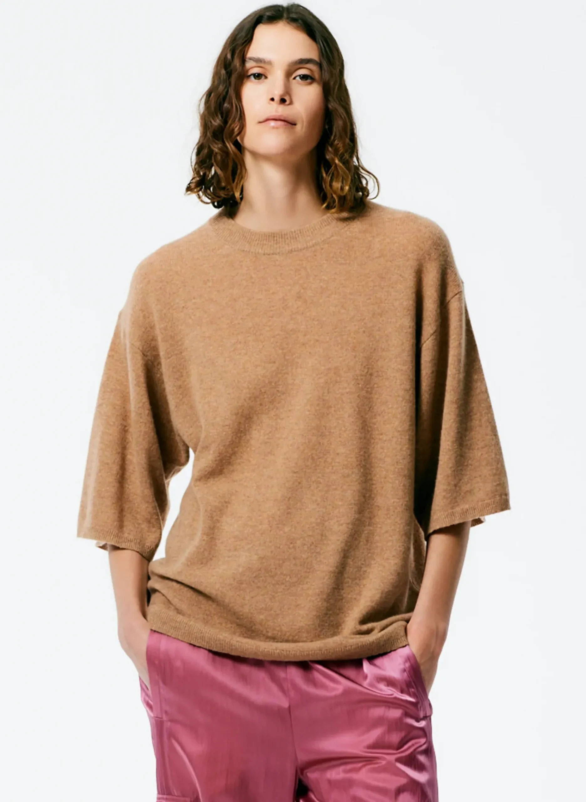 Feather Weight Cashmere Oversized Easy T-Shirt-Tibi Fashion