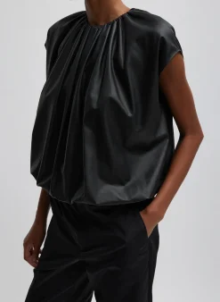 Feather Weight Leather Shirred Neck Circular Top-Tibi Outlet