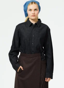 Light Weight Stone Washed Denim Charlie Slim Shirt-Tibi Hot